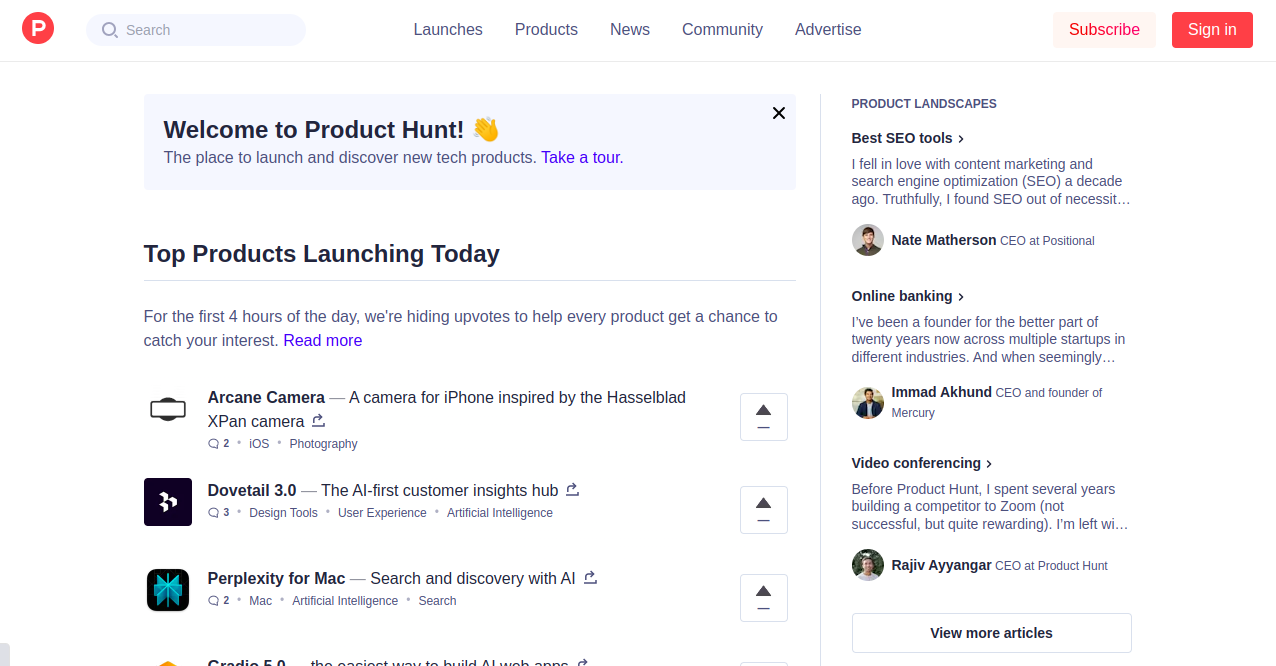 Product Hunt Home Page