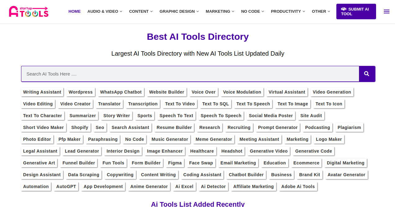 Startup AI Tools Home Page