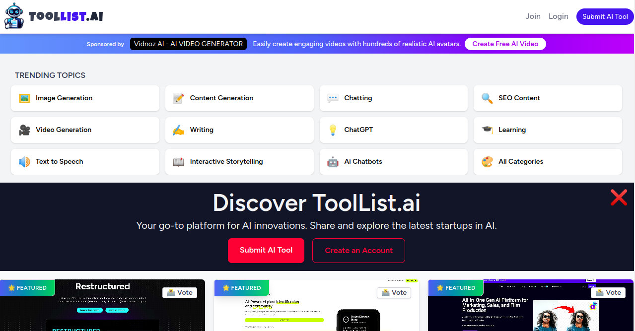  Tool List AI Home Page