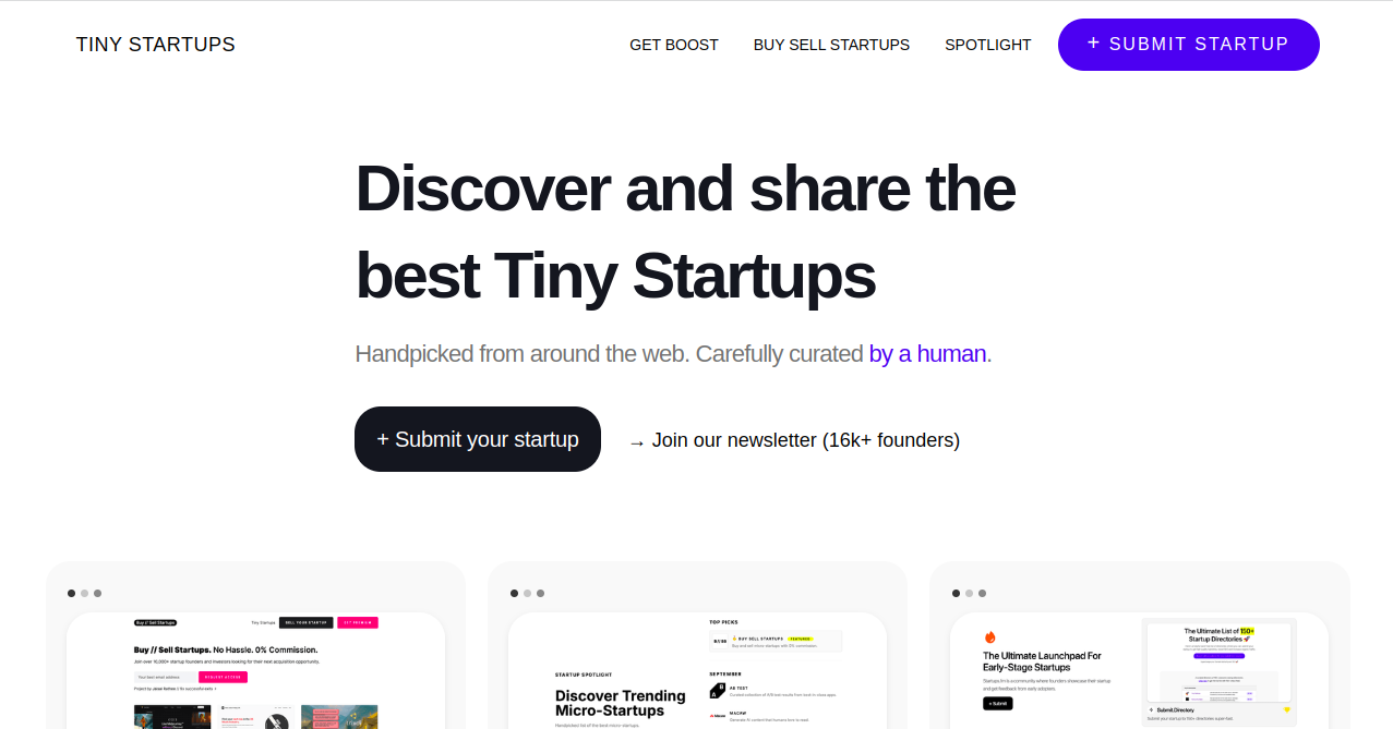 Tiny Startups	 Home Page