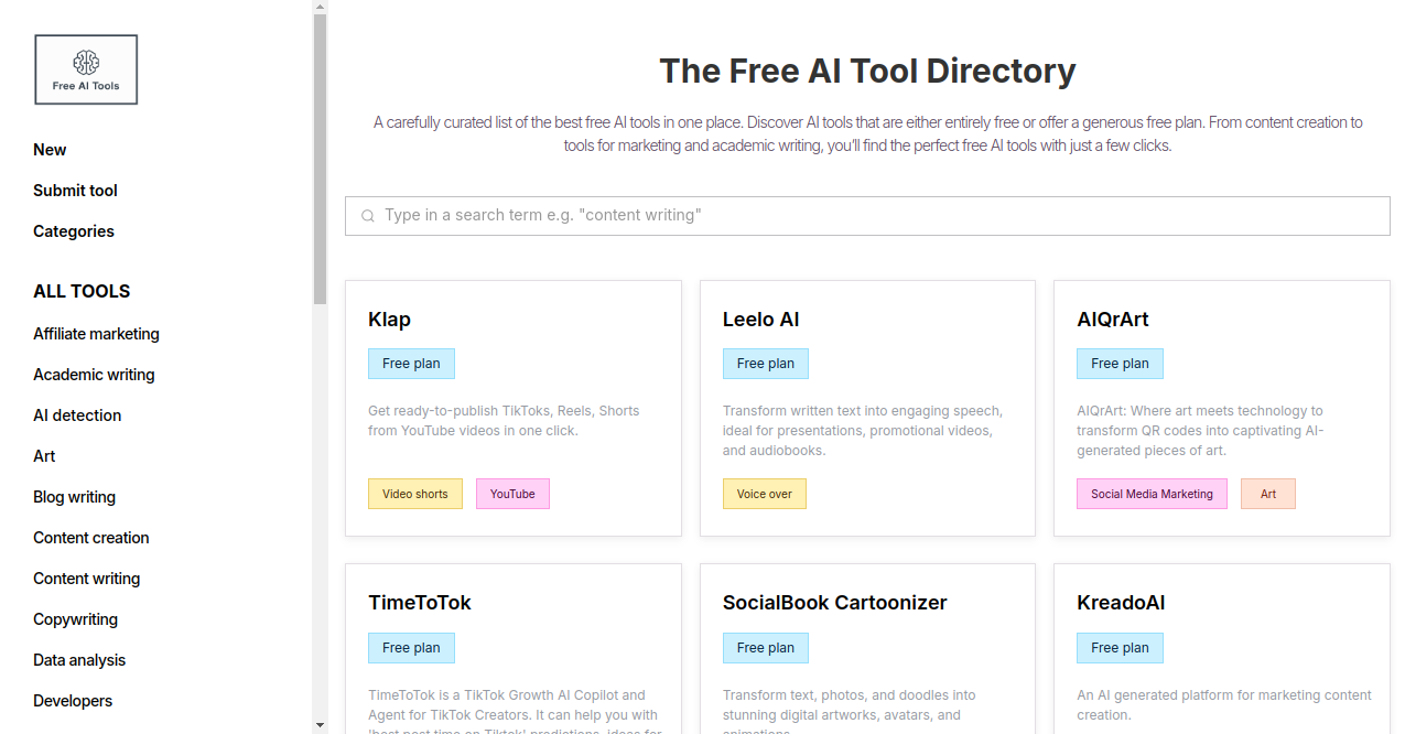 Free AI Tools Home Page