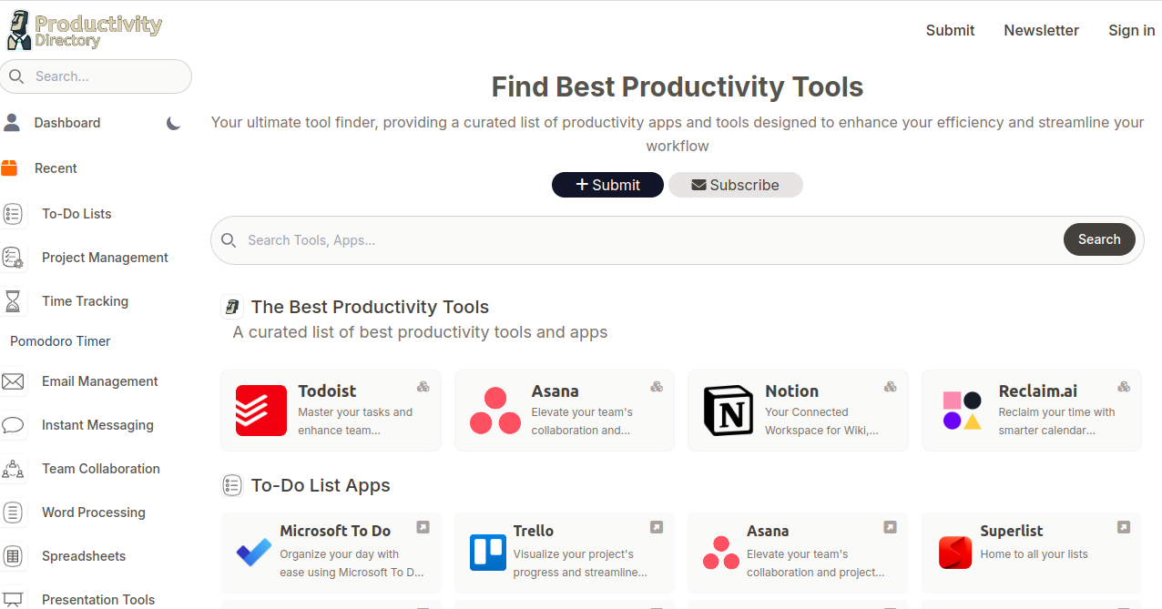 Productivity Directory Home Page