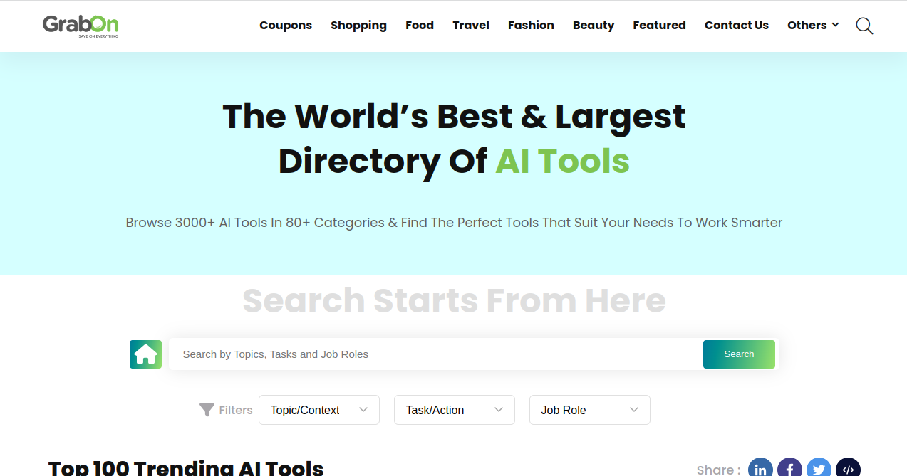 GrabOn AI Tools Directory Home Page